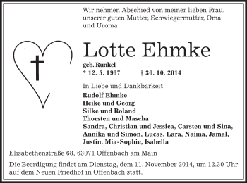 Traueranzeige von Lotte Ehmke von Offenbach