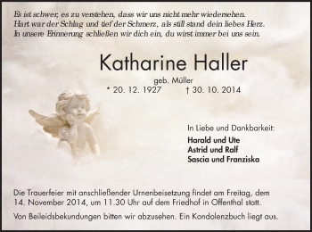 Traueranzeige von Katharine Haller von Offenbach