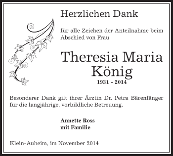 Traueranzeige von Theresia Maria König von Offenbach