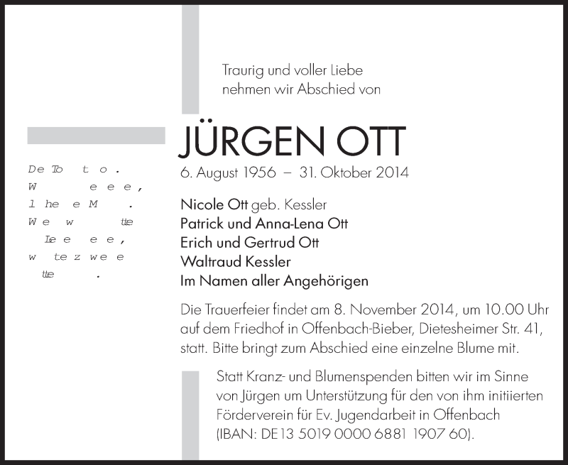  Traueranzeige für Jürgen  Ott vom 05.11.2014 aus Offenbach