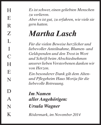 Traueranzeige von Martha Lasch von Offenbach