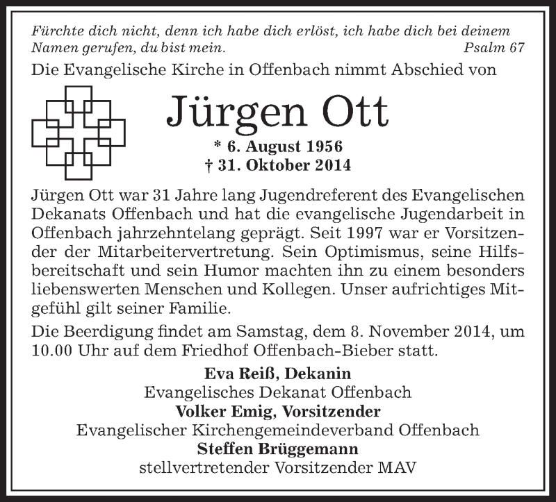  Traueranzeige für Jürgen  Ott vom 06.11.2014 aus Offenbach
