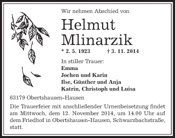 Traueranzeige von Helmut Mlinarzik von Offenbach