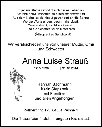 Traueranzeige von Anna Luise Strauß von Offenbach