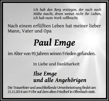 Traueranzeige von Paul Emge von Offenbach