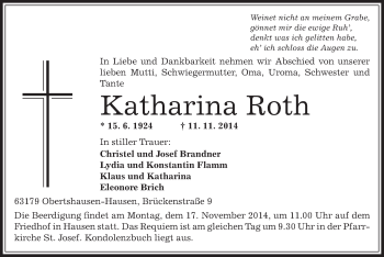 Traueranzeige von Katharina Roth von Offenbach