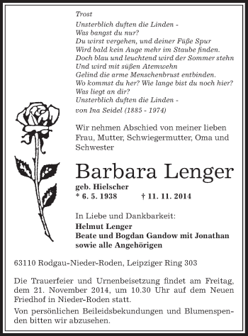 Traueranzeige von Barbara Lenger von Offenbach