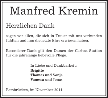 Traueranzeige von Manfred Kremin von Offenbach