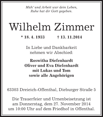 Traueranzeige von Wilhelm Zimmer von Offenbach