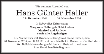 Traueranzeige von Hans Günter Haller von Offenbach