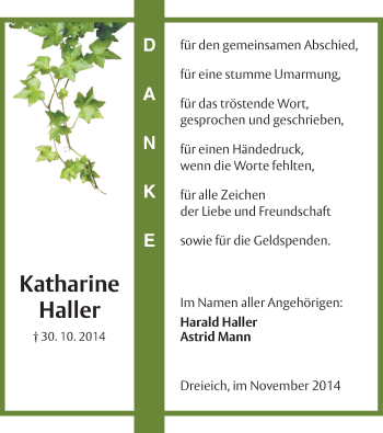 Traueranzeige von Katherine Haller von Offenbach