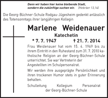 Traueranzeige von Marlene Weidenauer von Offenbach