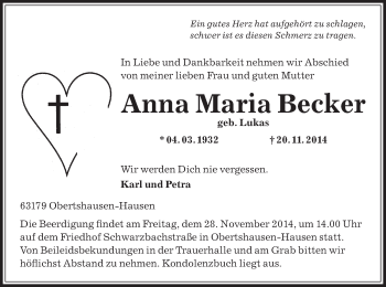 Traueranzeige von Anna Maria Becker von Offenbach