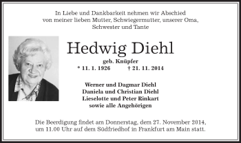 Traueranzeige von Hedwig Diehl von Offenbach