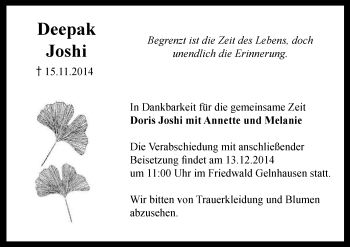 Traueranzeige von Joshi Deepak von Offenbach