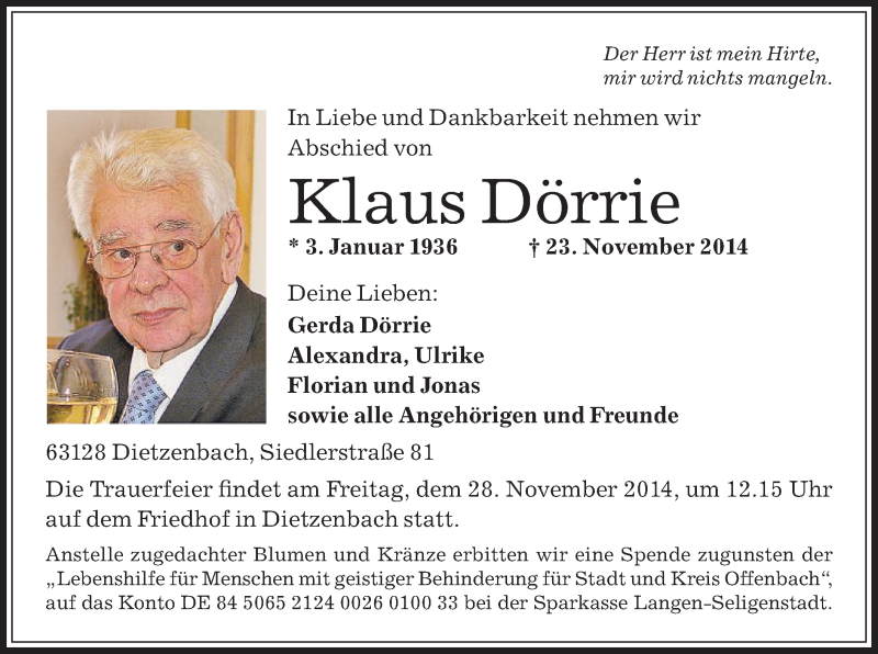  Traueranzeige für Klaus Dörrie vom 26.11.2014 aus Offenbach