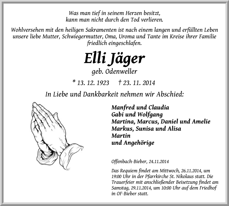  Traueranzeige für Elli Jäger vom 26.11.2014 aus Offenbach