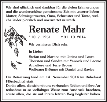 Traueranzeige von Renate Mahr von Offenbach