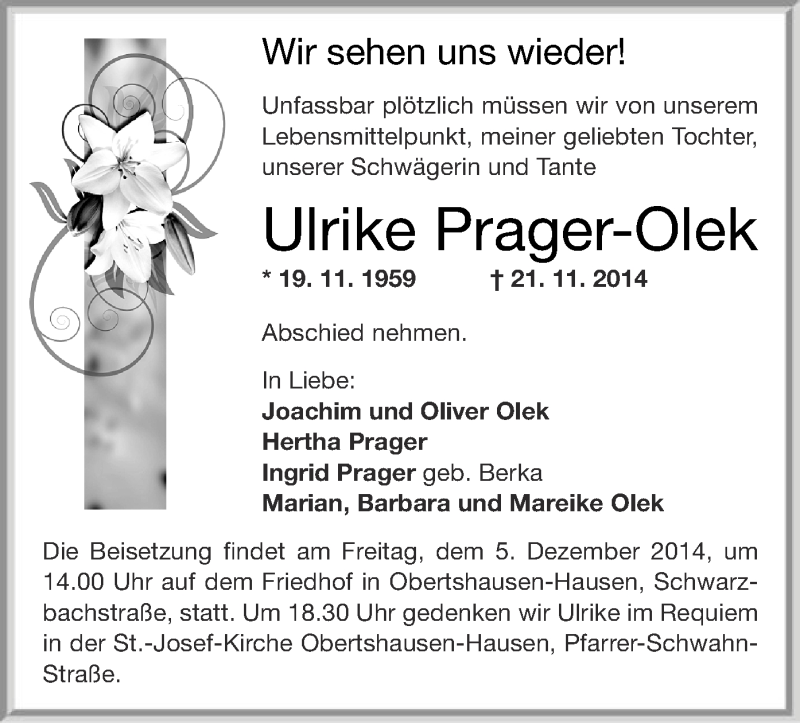  Traueranzeige für Ulrike Prager-Olek vom 29.11.2014 aus Offenbach