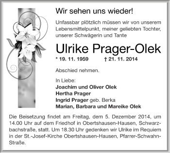 Traueranzeige von Ulrike Prager-Olek von Offenbach