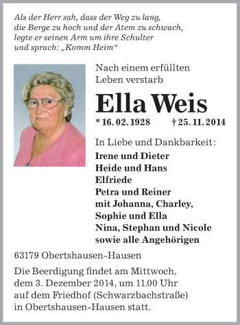 Traueranzeige von Ella Weis von Offenbach