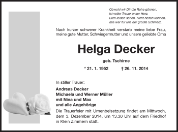 Traueranzeige von Helga Decker von Offenbach