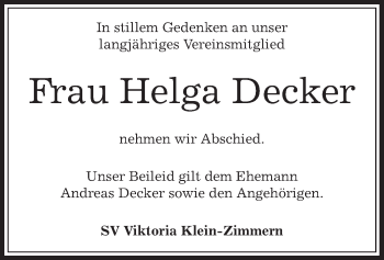 Traueranzeige von Helga Decker von Offenbach