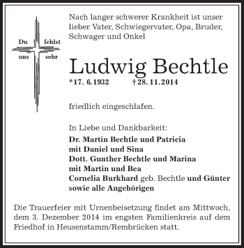 Traueranzeige von Ludwig Bechtle von Offenbach