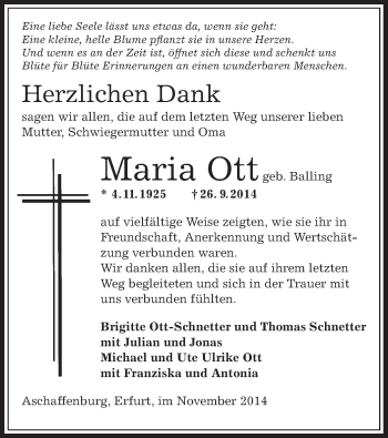 Traueranzeige von Maria Ott von Offenbach