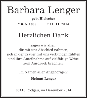 Traueranzeige von Barbara Lenger von Offenbach