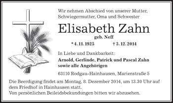 Traueranzeige von Elisabeth Zahn von Offenbach