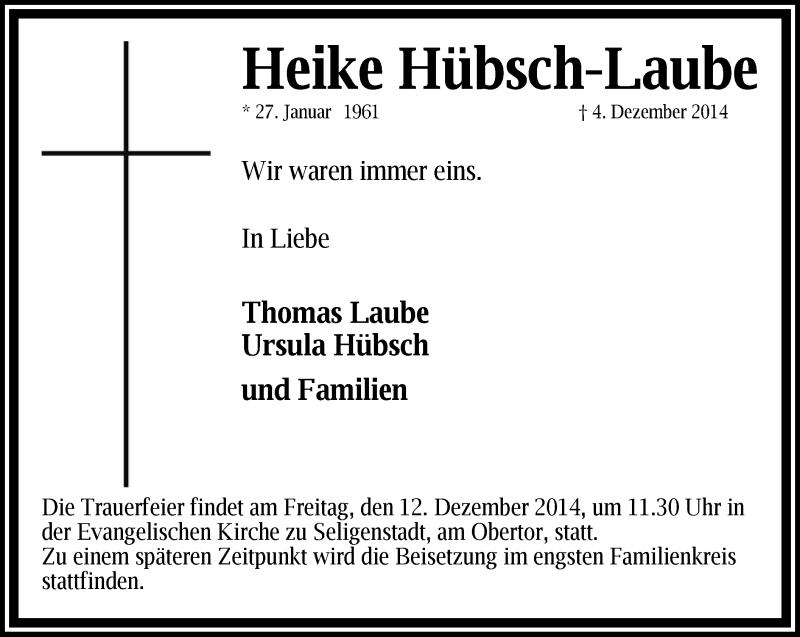  Traueranzeige für Heike Hübsch-Laube vom 09.12.2014 aus Offenbach