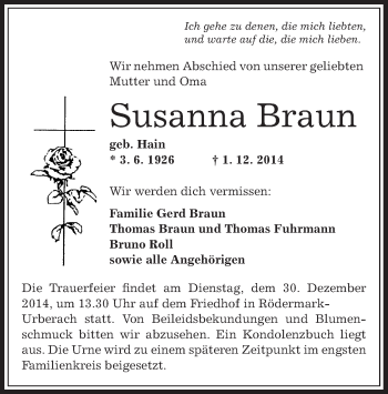 Traueranzeige von Susanna Braun von Offenbach