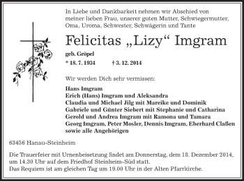 Traueranzeige von Felicitas Lizy Imgram von Offenbach