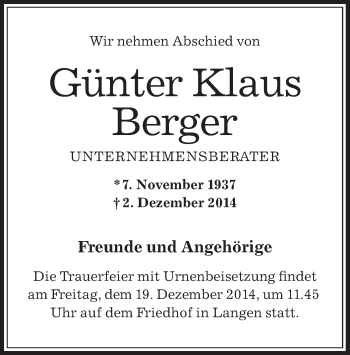 Traueranzeige von Günter Klaus Berger von Offenbach