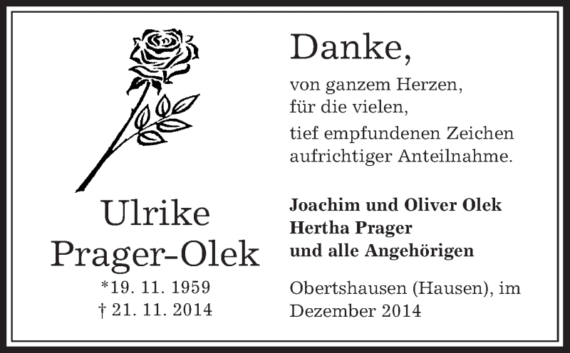  Traueranzeige für Ulrike Prager-Olek vom 13.12.2014 aus Offenbach