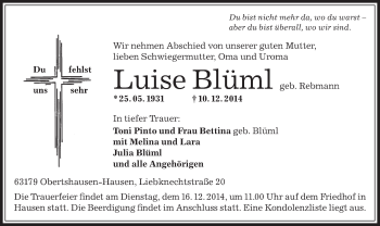 Traueranzeige von Luise Blüml von Offenbach