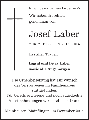 Traueranzeige von Josef Laber von Offenbach