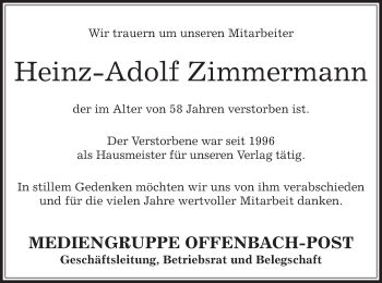 Traueranzeige von Heinz Adolf Zimmermann von Offenbach