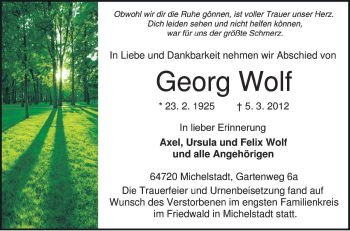 Traueranzeige von Georg Wolf von OFFENBACH-POST/HANAU-POST