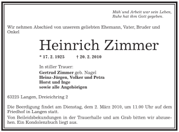 Traueranzeige von Heinrich Zimmer von OFFENBACH-POST/HANAU-POST