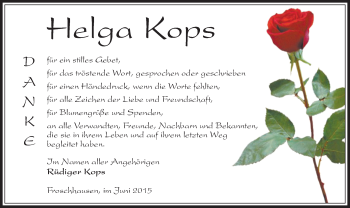 Traueranzeige von Helga Kops von Offenbach