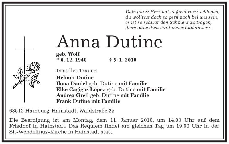  Traueranzeige für Anna Dutine vom 09.01.2010 aus OFFENBACH-POST/HANAU-POST