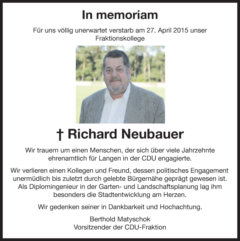  Traueranzeige für Richard Neubauer vom 01.05.2015 aus Offenbach