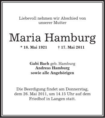 Traueranzeige von Maria Hamburg von OFFENBACH-POST/HANAU-POST