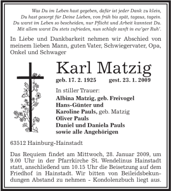 Traueranzeige von Karl Matzig von OFFENBACH-POST/HANAU-POST