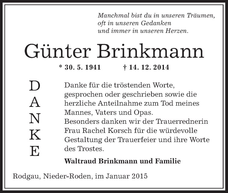  Traueranzeige für Günter Brinkmann vom 22.01.2015 aus Offenbach