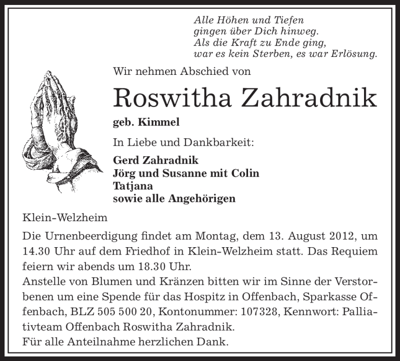  Traueranzeige für Roswitha Zahradnik vom 09.08.2012 aus OFFENBACH-POST/HANAU-POST