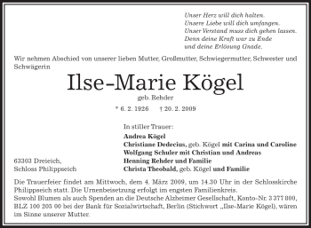 Traueranzeige von Ilse-Marie Kögel von OFFENBACH-POST/HANAU-POST