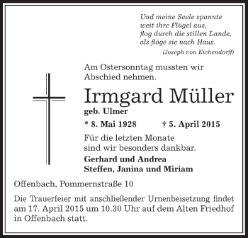 Traueranzeige von Irmgard Müller von Offenbach